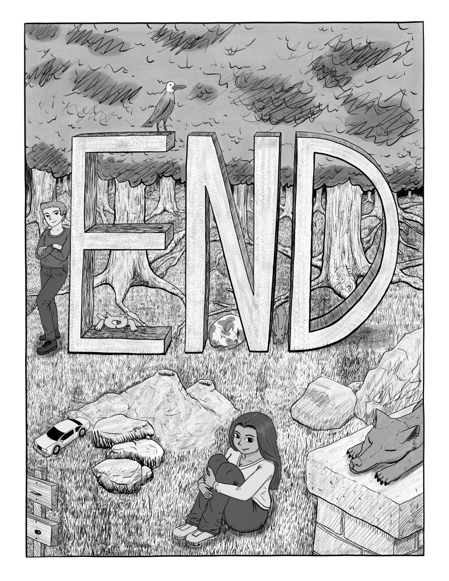 Illustration with characters, critters, rocks, and various objects surrounding large letters spelling END, near a forest.