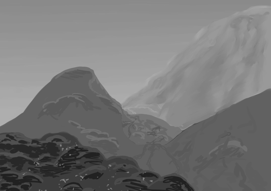 Grayscale painting of some mountains with atmospheric perspective.